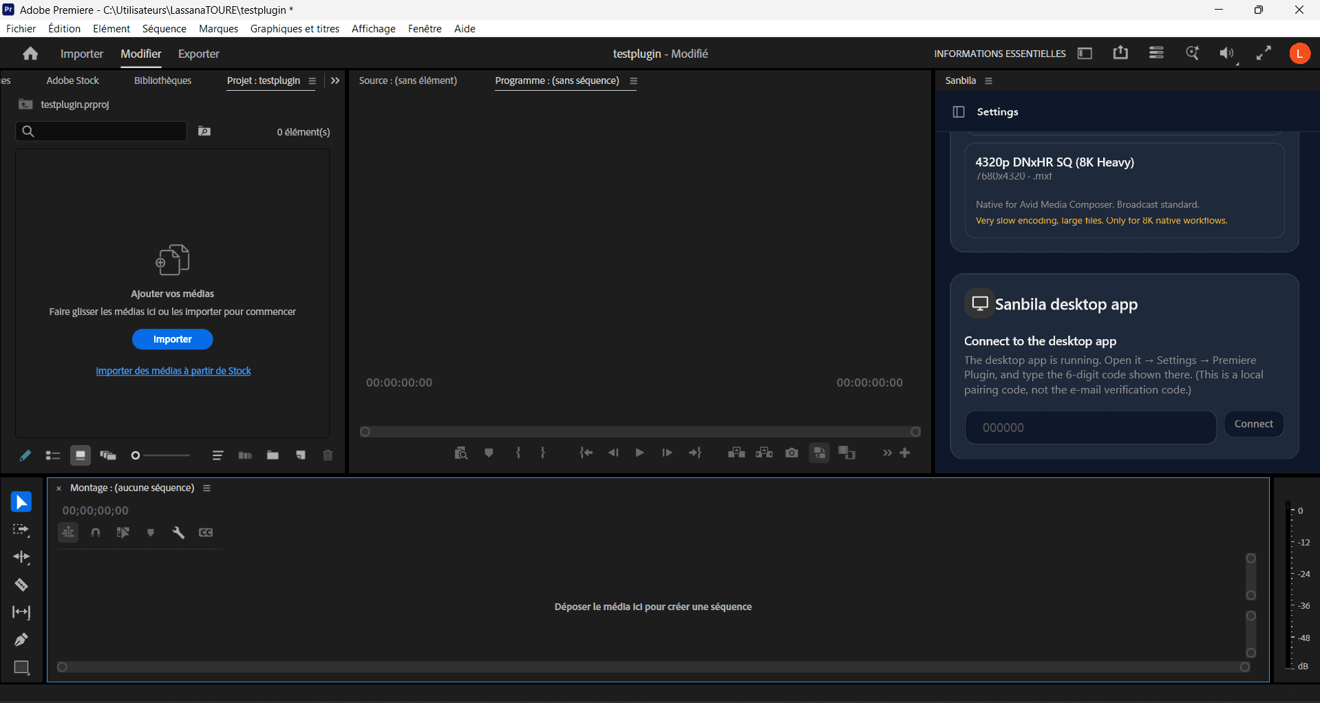 The Sanbila desktop app connected to the Premiere panel