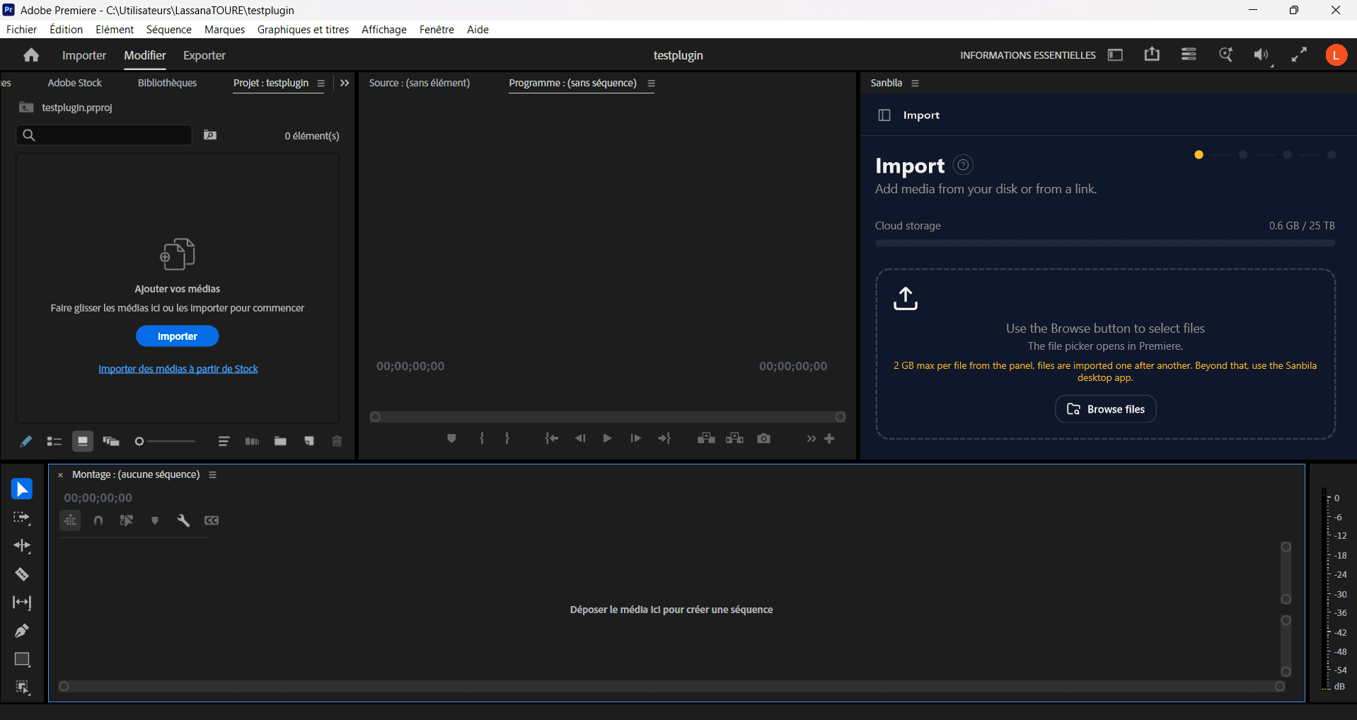Sanbila Import panel inside Premiere Pro, adding local media